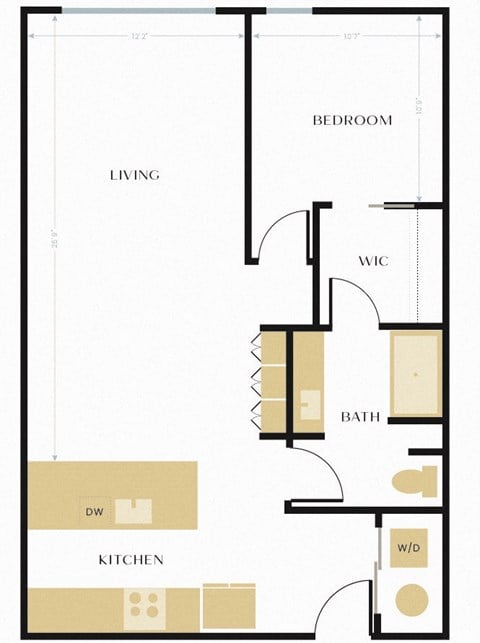 Floor plan for 1 bed, 1 bath, 838 sqft